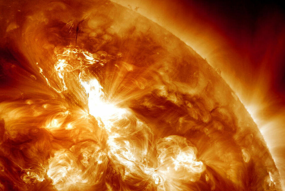 Slik så det ut 23. januar, da Nasas Solar Dynamics Observatory tok bilder av en utblåsning på soloverflaten. Utblåsningen førte til kraftig nordlys verden over. (Foto: NASA/SDO and the AIA Consortium/Edited by J. Major)