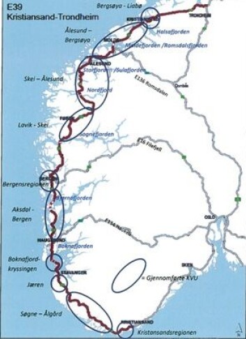 På veien som planlegges fra Trondheim til Kristiansand, vil energiforbruket påvirkes av utformingen. Her kan eksakte tall – og ikke gjennomsnittstall fra Europa – være grunnleggende. (Foto: (Illustrasjon: Sintef)) På veien som planlegges fra Trondheim til Kristiansand, vil energiforbruket påvirkes av utformingen. Her kan eksakte tall – og ikke gjennomsnittstall fra Europa – være grunnleggende. (Foto: (Illustrasjon: Sintef))