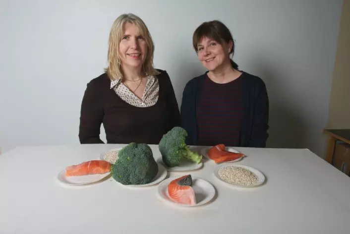 Råvarene i Det sunne måltid presentert av, fra venstre ernæringsfysiolog Ida Synnøve Grini og seniorforsker Bente Kirkhus, begge Nofima. (Foto: Jon-Are Berg-Jacobsen/Nofima)