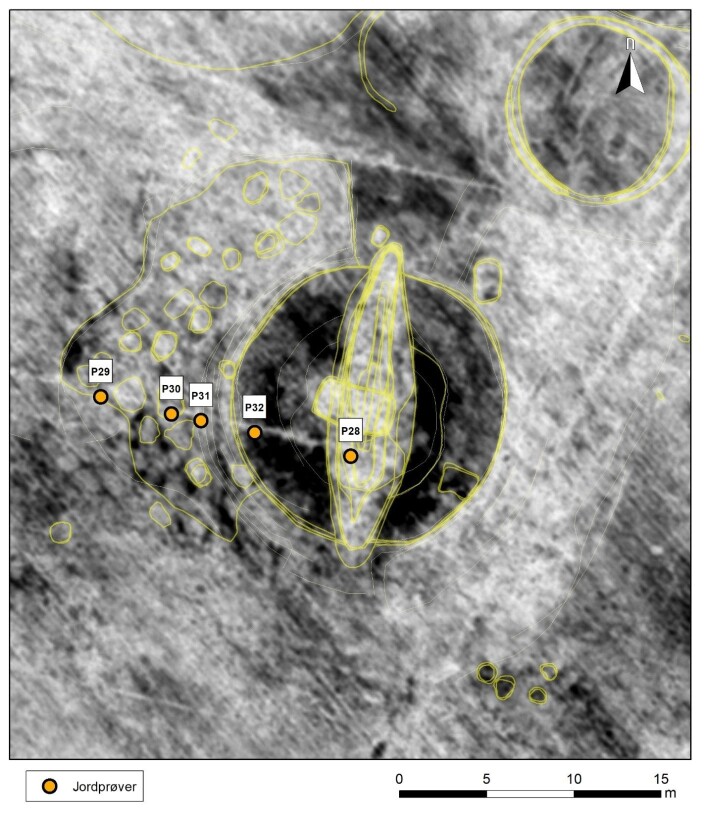 The soil samples were taken from the mound construction, in the presumed subsoil and in the trench for the ship burial. The soil samples were taken from the mound construction, in the presumed subsoil and in the trench for the ship burial.