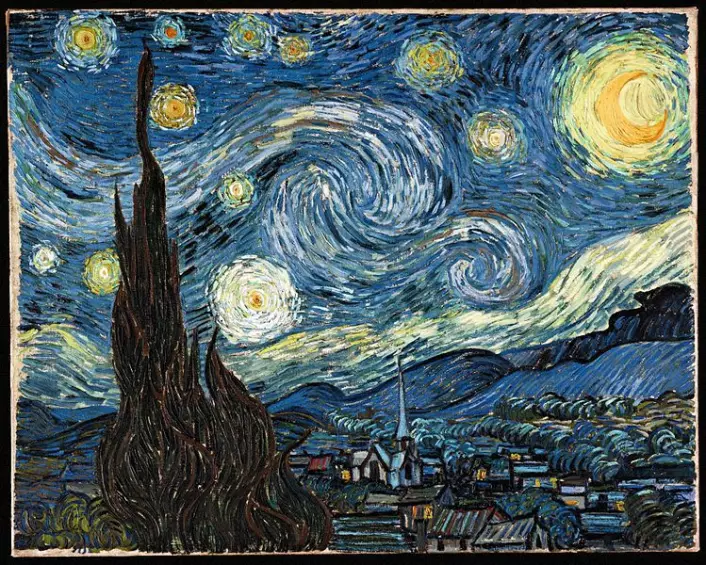 Vincent van Gogh malte bildet Stjernenatt i 1889. Motivet viser stjernehimelen over  Saint-Remy, sett fra vinduet på asylet der kunstneren bodde. (Foto: Wikimedia Commons)