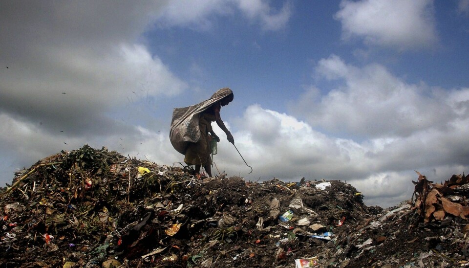 En kvinne samler plast som kan resirkuleres i India.