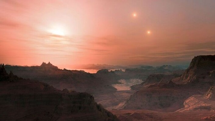 Astronomer har beregnet at flere titalls milliarder steinplaneter kretser rundt lyssvake røde dvergstjerner i Melkeveien. Dette er en kunstnerisk framstilling av en solnedgang på superjorden Gliese 667 Cc, som også er en steinplanet. Den mest lyssterke stjernen på himmelen er den røde dvergen Gliese 667 C. Til høyre er Gliese 667 A og B. (Foto: European Southern Observatory) Astronomer har beregnet at flere titalls milliarder steinplaneter kretser rundt lyssvake røde dvergstjerner i Melkeveien. Dette er en kunstnerisk framstilling av en solnedgang på superjorden Gliese 667 Cc, som også er en steinplanet. Den mest lyssterke stjernen på himmelen er den røde dvergen Gliese 667 C. Til høyre er Gliese 667 A og B. (Foto: European Southern Observatory)
