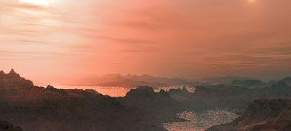Astronomer har beregnet at flere titalls milliarder steinplaneter kretser rundt lyssvake røde dvergstjerner i Melkeveien. Dette er en kunstnerisk framstilling av en solnedgang på superjorden Gliese 667 Cc, som også er en steinplanet. Den mest lyssterke stjernen på himmelen er den røde dvergen Gliese 667 C. Til høyre er Gliese 667 A og B. European Southern Observatory