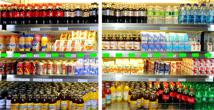 Drikkekjøleren før og etter. De første månedene etter at varene ble merket, sto sukkerbrus fremdeles sammen med lettdrikkevarer og magre meieriprodukter. Så ble vann, sukkerfritt drikke og andre sunne valg plassert i og over øyenhøyde (den stiplede, grønne linjen), mens de mindre sunne valgene står lavere. (Foto: Massachusetts General Hospital) Drikkekjøleren før og etter. De første månedene etter at varene ble merket, sto sukkerbrus fremdeles sammen med lettdrikkevarer og magre meieriprodukter. Så ble vann, sukkerfritt drikke og andre sunne valg plassert i og over øyenhøyde (den stiplede, grønne linjen), mens de mindre sunne valgene står lavere. (Foto: Massachusetts General Hospital)