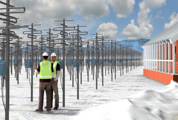 Når det nye nordiske radarnettverket er bygget ut med tusenvis av antenner som til sammen gir muligheten til lynraske radarsveip over ionosfæren, vil anlegget trolig se omtrent slik ut. (Foto: (Illustrasjon: EISCAT Scientific Association)) Når det nye nordiske radarnettverket er bygget ut med tusenvis av antenner som til sammen gir muligheten til lynraske radarsveip over ionosfæren, vil anlegget trolig se omtrent slik ut. (Foto: (Illustrasjon: EISCAT Scientific Association))