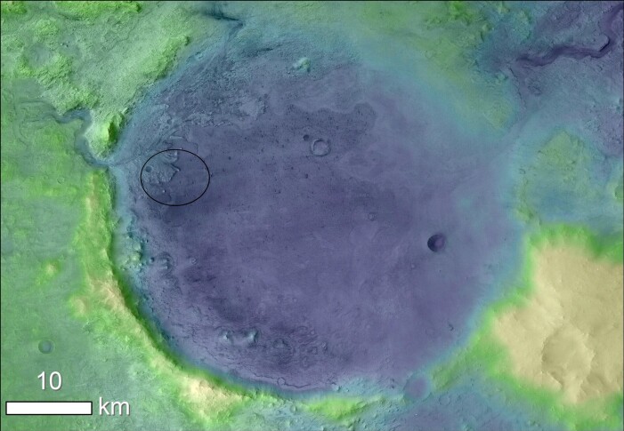 Bildet viser Jezero-krateret. Landingsplassen for Preseverance er ringet inn. Bildet viser Jezero-krateret. Landingsplassen for Preseverance er ringet inn.