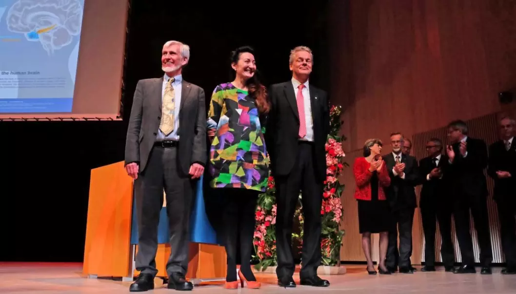 Nobelprisvinnerne John O'Keefe (t.v.), May-Britt Moser og Edvard Moser etter nobel-foredragene i Stockholm i 2014.
