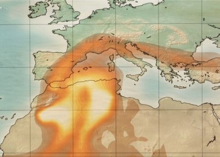 Værmodeller av støvstormer fra Sahara skal gi femdagers varsel for solenergikraftverk i Sør-Europa. (Foto: (Figur: youris.com/MACC-II/Copernicus)) Værmodeller av støvstormer fra Sahara skal gi femdagers varsel for solenergikraftverk i Sør-Europa. (Foto: (Figur: youris.com/MACC-II/Copernicus))
