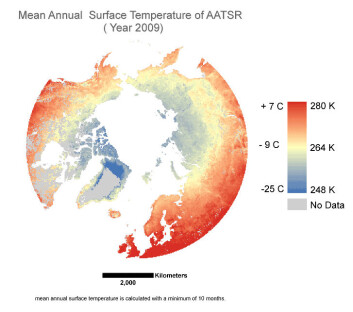 Gjennomsnittlig overflatetemperatur i Arktis er en av permafrostfaktorene som satellitter som Envisat kan se. (Foto: (Illustrasjon: University of Waterloo)) Gjennomsnittlig overflatetemperatur i Arktis er en av permafrostfaktorene som satellitter som Envisat kan se. (Foto: (Illustrasjon: University of Waterloo))