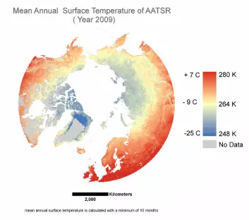 Gjennomsnittlig overflatetemperatur i Arktis er en av permafrostfaktorene som satellitter som Envisat kan se. (Foto: (Illustrasjon: University of Waterloo))