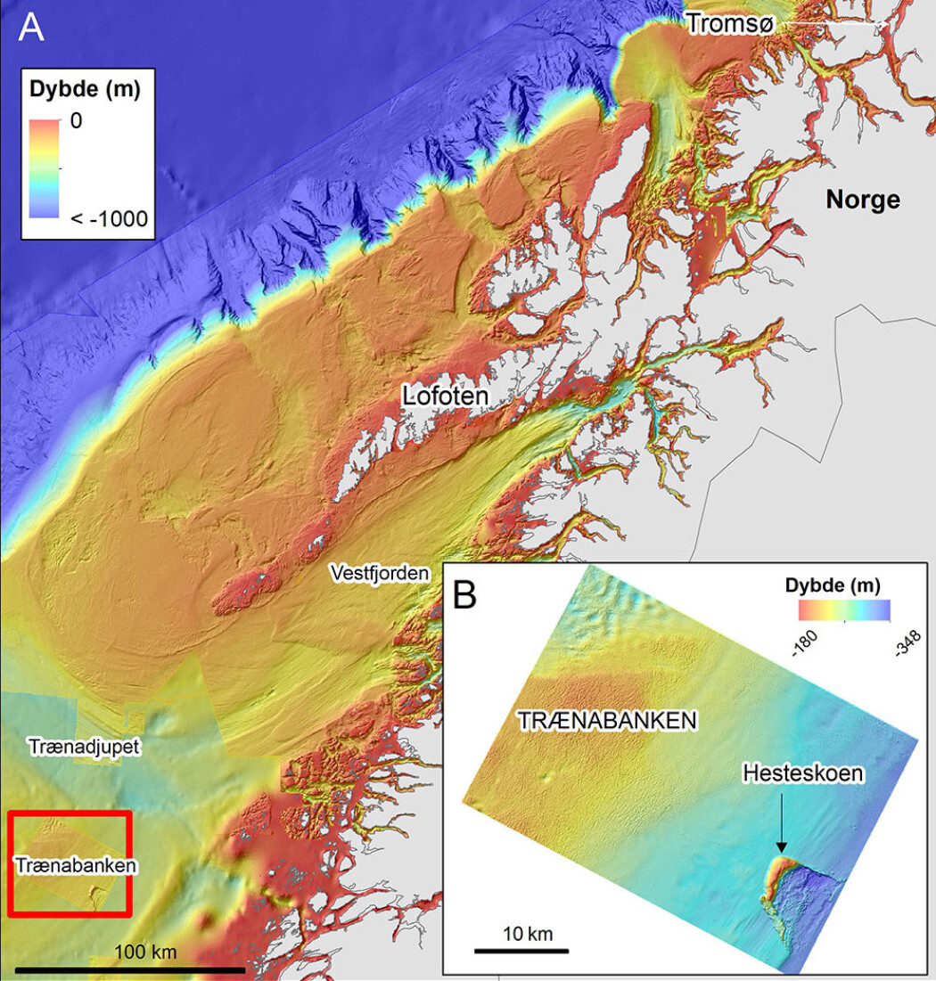 Figur 1A (200 m grid) viser bunntopografien mellom Tromsø og Trænabanken. Figur 1B (50 m grid) viser Trænabanken der isbreer har løftet bunnmasser og avsatt dem i en hesteskolignende formasjon («<i>hill-hole pair</i>»). Høyoppløselig bunnterrengdata er innsamlet av Kartverket/Mareano. Bakgrunnskart: GEBCO. Figur 1A (200 m grid) viser bunntopografien mellom Tromsø og Trænabanken. Figur 1B (50 m grid) viser Trænabanken der isbreer har løftet bunnmasser og avsatt dem i en hesteskolignende formasjon («<i>hill-hole pair</i>»). Høyoppløselig bunnterrengdata er innsamlet av Kartverket/Mareano. Bakgrunnskart: GEBCO.