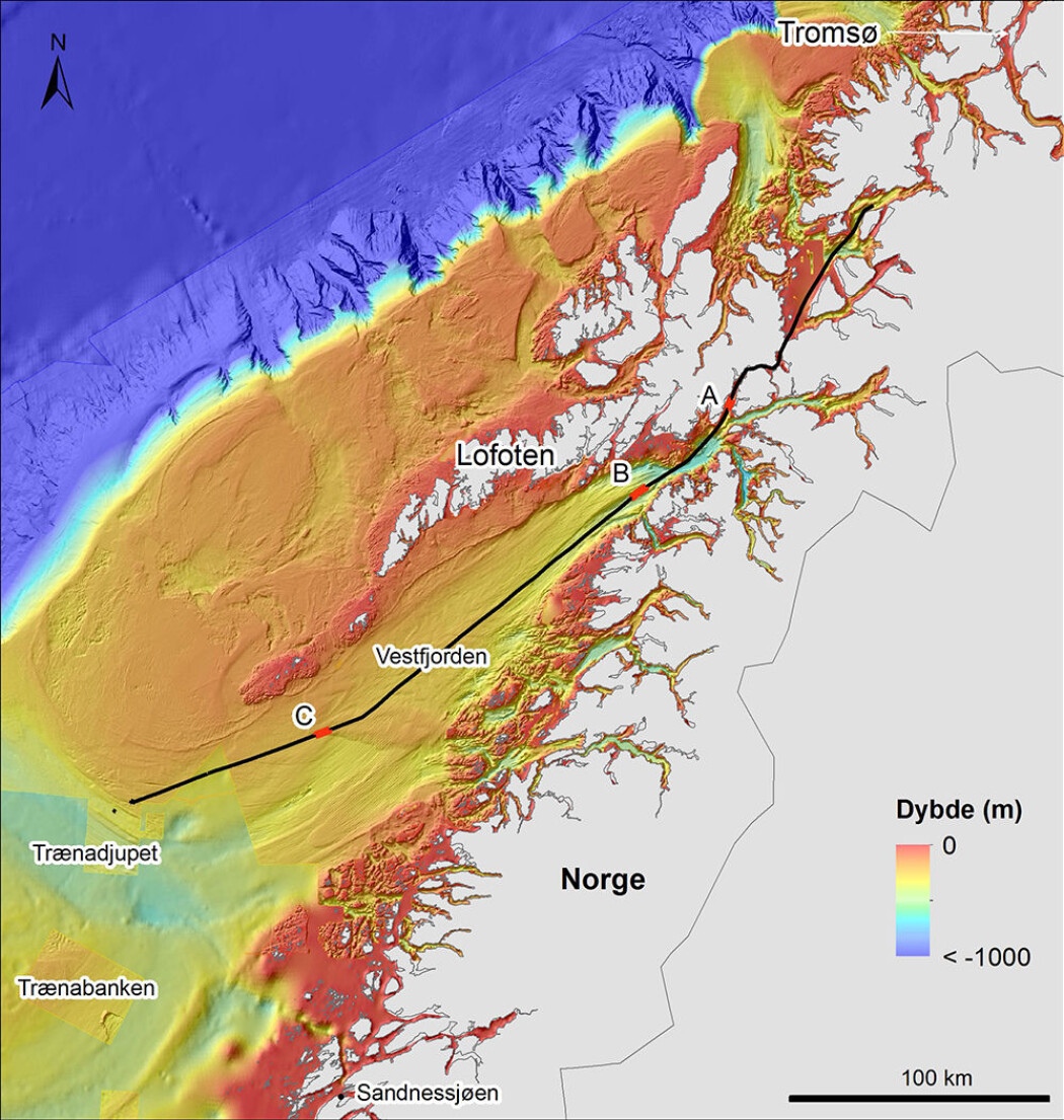 Seilingsruten fra Tromsø til Trænadjupet. Kartet har 200 meters grid og høy oppløsning. Dybdedata er samlet inn av Kartverket. Bakgrunn: GEBCO dybdedata. Seilingsruten fra Tromsø til Trænadjupet. Kartet har 200 meters grid og høy oppløsning. Dybdedata er samlet inn av Kartverket. Bakgrunn: GEBCO dybdedata.