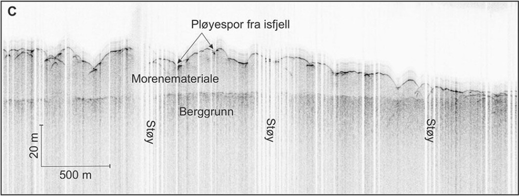Tre eksempler på Topas-linjer. Se Figur 1 med de røde strekene som angir hvor linjene er fra. A: Rolig sjø og gode data. B: Litt mer urolig sjø som forårsaker litt støy i dataene. C: Åpent hav med større bølger og mer støy i dataene. Tre eksempler på Topas-linjer. Se Figur 1 med de røde strekene som angir hvor linjene er fra. A: Rolig sjø og gode data. B: Litt mer urolig sjø som forårsaker litt støy i dataene. C: Åpent hav med større bølger og mer støy i dataene.