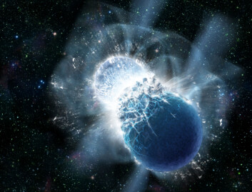 To restklumper etter supernovaer krasjer med hverandre, slipper ut enormt med energi, og lager svære mengder gull i samme slengen. Det er det forskerne tror skjedde, basert på et lysglimt de har sett i to tidels sekunder. (Foto: (Illustrasjon: Dana Berry/SkyWorks Digital, Inc.))
