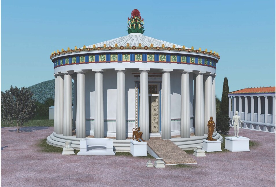 Asklepios-templet i byen Epidauros i antikkens Hellas. Det var 11 ramper i helligdommen, der syke folk dro for i håp om å bli friske. Bildet er en digital rekonstruksjon av templet, som ble renovert opp i 370 fKr. - og det kan være da rampene ble installert.