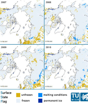 Mønsteret av smelting i Arktis målt av værsatellitten MetOp. (Foto: (Illustrasjon: Vienna University of Technology)) Mønsteret av smelting i Arktis målt av værsatellitten MetOp. (Foto: (Illustrasjon: Vienna University of Technology))