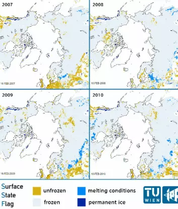 Mønsteret av smelting i Arktis målt av værsatellitten MetOp. (Foto: (Illustrasjon: Vienna University of Technology))
