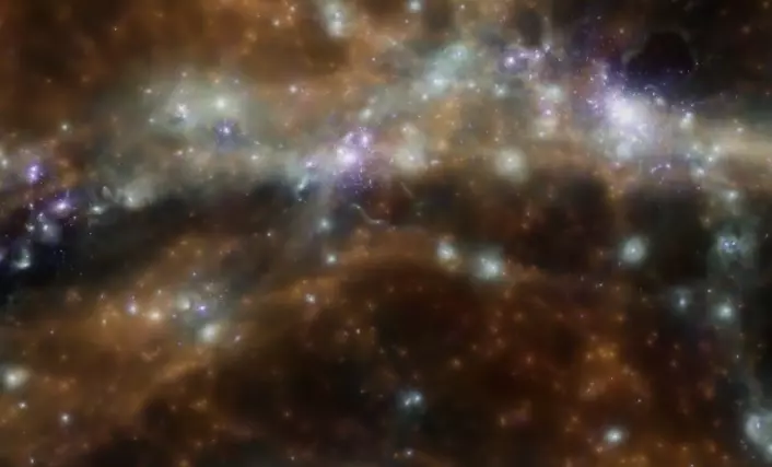 Simulering av gassbro mellom galaksehoper.Galakser og galaksehoper er strukturert i et kosmisk nettverk eller spindelvev av både synlig og usynlig materie. Bildet viser en bit av en simulering av utviklingen til universets struktur. Klikk på bildet for større versjon. (Foto: Klaus Dolag, Universitäts-Sternwarte München, Ludwig-Maximillians-Universität)