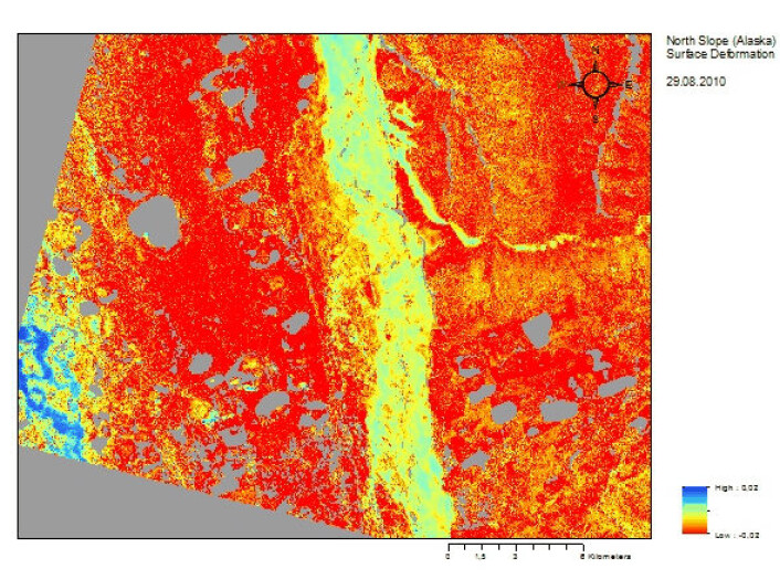 Nedsynking av landskapet på grunn av permafrostsmelting om sommeren målt av satellitten TerraSAR-X. (Foto: (Illustrasjon: Gamma Remote Sensing )) Nedsynking av landskapet på grunn av permafrostsmelting om sommeren målt av satellitten TerraSAR-X. (Foto: (Illustrasjon: Gamma Remote Sensing ))