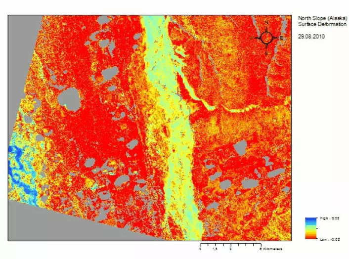 Nedsynking av landskapet på grunn av permafrostsmelting om sommeren målt av satellitten TerraSAR-X. (Foto: (Illustrasjon: Gamma Remote Sensing ))