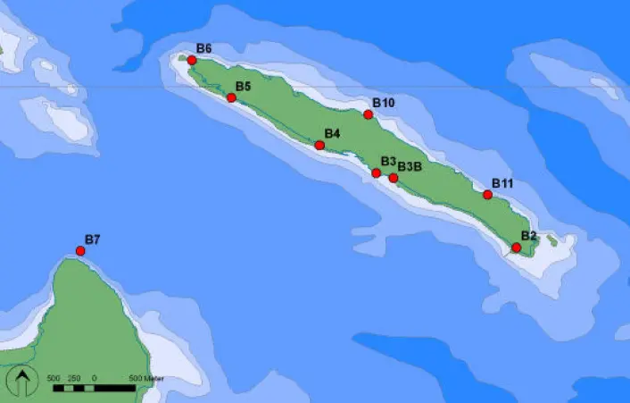 Innholdet av miljøgifter i blåskjell måles ved åtte stasjoner langs stranda på Langøya og strandsoneorganismer registreres på tre av disse stasjonene. I tillegg til målingene ved Langøya benyttes referansestasjoner et stykke unna Langøya. (Foto: (Illustrasjon: NIVA)) Innholdet av miljøgifter i blåskjell måles ved åtte stasjoner langs stranda på Langøya og strandsoneorganismer registreres på tre av disse stasjonene. I tillegg til målingene ved Langøya benyttes referansestasjoner et stykke unna Langøya. (Foto: (Illustrasjon: NIVA))