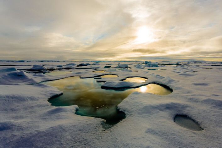 En smeltevannsdam på polisen fotografert under "Polarstern"-ekspedisjonen i 2012. (Foto: Stefan Hendricks, Alfred Wegener Institute, Helmholz Center for Polar and Marine Research) En smeltevannsdam på polisen fotografert under "Polarstern"-ekspedisjonen i 2012. (Foto: Stefan Hendricks, Alfred Wegener Institute, Helmholz Center for Polar and Marine Research)
