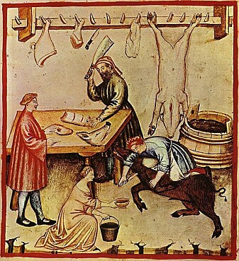 Slakteprosessen fra en illustrert middelalderbok om helse. Slakteprosessen fra en illustrert middelalderbok om helse.