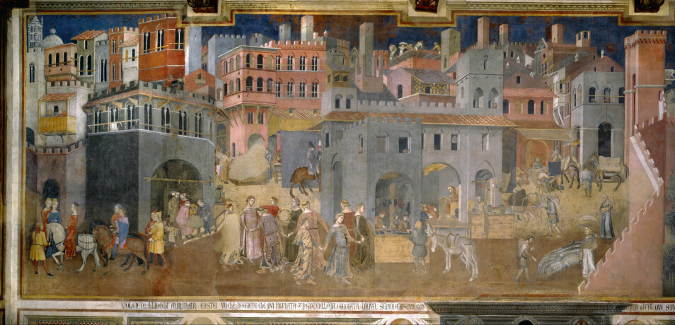 Freskomaleri av byliv malt på 1300-tallet i i Italia