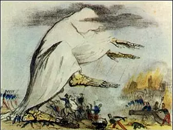 Kolera illustrert som en skjellet som fører med seg mørke skyer. Illustrasjonen er laget på 1800-tallet.