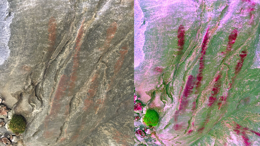 Bildet viser håndavtrykket i naturlige farger (til venstre) og med fargefilter som forsterker fargene (til høyre) Bildet viser håndavtrykket i naturlige farger (til venstre) og med fargefilter som forsterker fargene (til høyre)