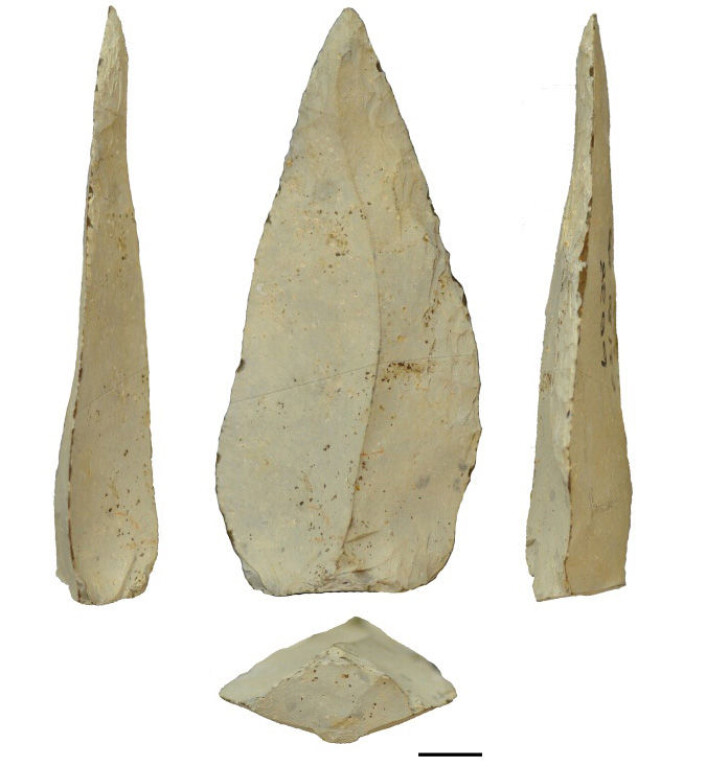 500 000 år gamle spydspisser av stein fra utgravningsstedet Kathu Pan 1 i Sør-Afrika. (Foto: Jayne Wilkins. University of Toronto) 500 000 år gamle spydspisser av stein fra utgravningsstedet Kathu Pan 1 i Sør-Afrika. (Foto: Jayne Wilkins. University of Toronto)
