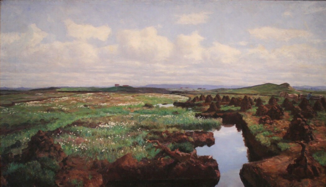 Kitty Kielland var ein pioner i si skildring av det jærske myrlandskapet. Arne Garborg meinte at Kielland skapte svart torvmyr om til rein poesi. I dette bildet ser vi "torvbeen" der bøndene stakk torv som vart tørka og nytta til brensel. Kitty Kielland: Jæren, 1901, Nasjonalmuseet. https://bit.ly/343ad5t Kitty Kielland var ein pioner i si skildring av det jærske myrlandskapet. Arne Garborg meinte at Kielland skapte svart torvmyr om til rein poesi. I dette bildet ser vi "torvbeen" der bøndene stakk torv som vart tørka og nytta til brensel. Kitty Kielland: Jæren, 1901, Nasjonalmuseet. https://bit.ly/343ad5t
