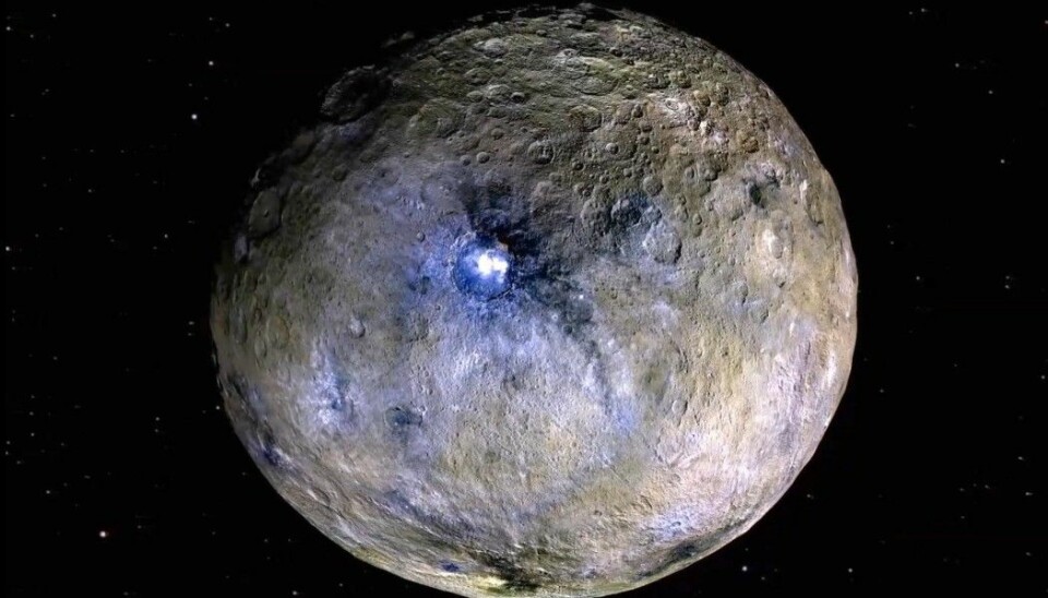 Et oversiktsbilde satt sammen av bilder fra Dawn. De lyse flekkene i Occator-krateret er framhevet og i endrede farger.