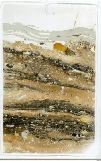 Her ser du tynne, geologiske seksjoner fra Sibudu i profil. Flere brente lag synes på bildet. De tynne, mørke lagene er karboniserte stammer og blader. De lyse lagene er aske fra brenningen. Lagene er 58 00 år gamle. (Foto: Christopher Miller)