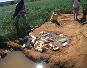 Tomme sprøytemiddelbeholdere i ei grøft ved en farm i Arusha, Tanzania. (Foto: NVH) Tomme sprøytemiddelbeholdere i ei grøft ved en farm i Arusha, Tanzania. (Foto: NVH)