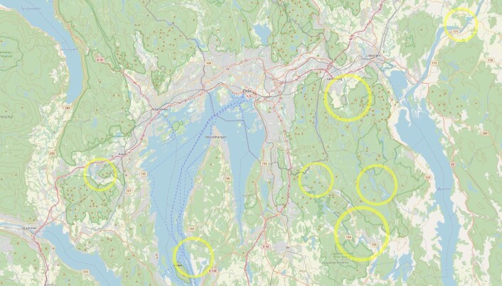 Her ser du noen mulige meteorittkratre rundt Oslo. Fire av dem ligger i og rundt Østmarka. Her ser du noen mulige meteorittkratre rundt Oslo. Fire av dem ligger i og rundt Østmarka.