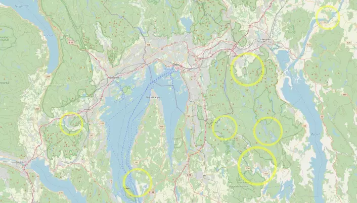 Her ser du noen mulige meteorittkratre rundt Oslo. Fire av dem ligger i og rundt Østmarka.