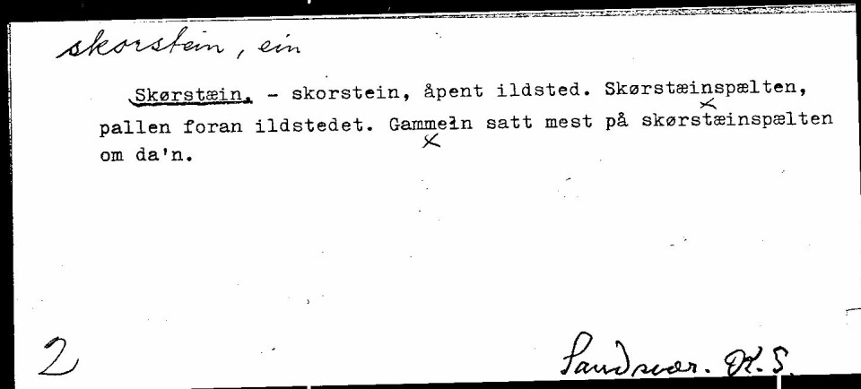 Dette arkivkortet fra språksamlingene ved Universitetet i Oslo viser hvordan skorstein har betydd hele peisen.