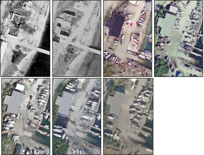 Utsnitt av flyfoto som viser et splintskjul på Skattøra i 1952, 1956, 1998, 2006, 2009, 2012 og 2016 (venstre mot høyre). Utsnitt av flyfoto som viser et splintskjul på Skattøra i 1952, 1956, 1998, 2006, 2009, 2012 og 2016 (venstre mot høyre).