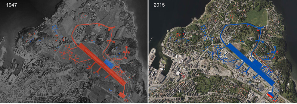 Bygg og anlegg på Lade i 1947 og 2015. Rødt markerer eksisterende bygg og strukturer, mens blått markerer anlegg som er tapt da bildet ble tatt. Bygg og anlegg på Lade i 1947 og 2015. Rødt markerer eksisterende bygg og strukturer, mens blått markerer anlegg som er tapt da bildet ble tatt.