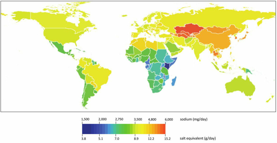 Slik ser verdens saltkart ut: Natriuminntak land for land, for voksne over 20 år, i 2010. (Foto: (Illustrasjon fra rapporten))