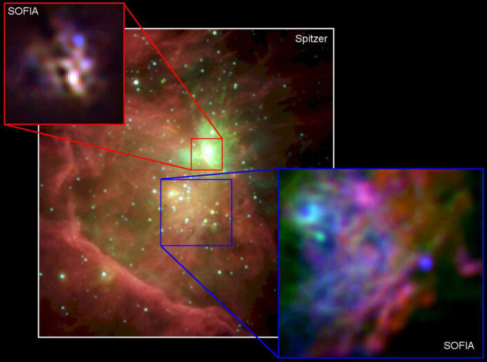 Det store bildet av kjernen i Oriontåken er tatt med romteleskopet Spitzer. De to mindre utsnittene er tatt med SOFIAs infrarøde FORCAST-kamera. (SOFIA foto:James De Buizer / NASA / DLR / USRA / DSI / FORCAST; Spitzer-foto: NASA/JPL) Det store bildet av kjernen i Oriontåken er tatt med romteleskopet Spitzer. De to mindre utsnittene er tatt med SOFIAs infrarøde FORCAST-kamera. (SOFIA foto:James De Buizer / NASA / DLR / USRA / DSI / FORCAST; Spitzer-foto: NASA/JPL)