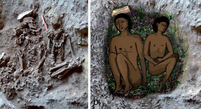Denne forhistoriske graven med en mann og en gutt var opprinnelig foret med blomster og gress, mener israelske forskere. Til høyre ser du rekonstruksjonen av den 14 000 år gamle begravelsen. (Foto: (Foto og tegning: D. Nadel mfl: PNAS Early Edition, 2013)) Denne forhistoriske graven med en mann og en gutt var opprinnelig foret med blomster og gress, mener israelske forskere. Til høyre ser du rekonstruksjonen av den 14 000 år gamle begravelsen. (Foto: (Foto og tegning: D. Nadel mfl: PNAS Early Edition, 2013))