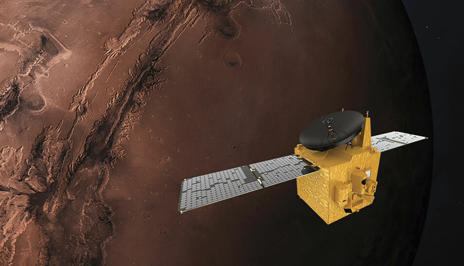 Denne illustrasjonen viser sonden som skal gå i bane rundt Mars, sendt av De forente arabiske emiratene.