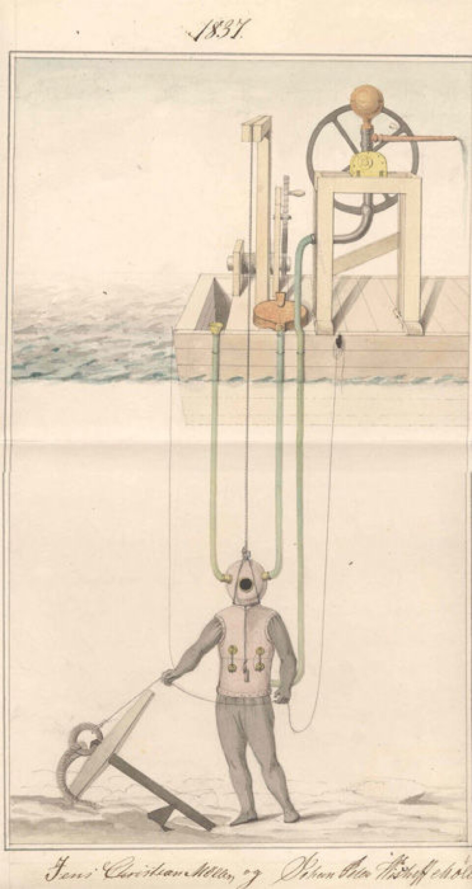 Brødrene Møller leverte inn sin første patentsøknad i 1837. I følgebrevet til tegningen skrev de at drakten kunne produseres av både lær og naturgummi. For å beskytte hodet mot trykket måtte hjelmen være laget av kobber eller annet metall. Av samme grunn måtte luftrørene stives av med spiralfjær. (Illustrasjon: Brødrene Møller)