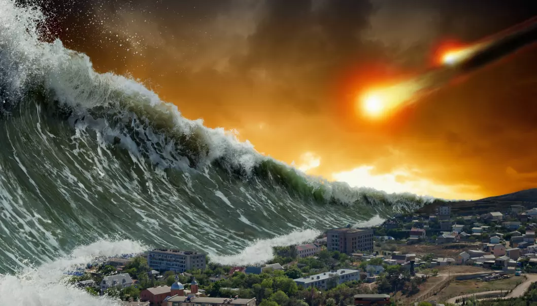 Her har en bildekunstner forsøkt å forestille seg hvordan det kan bli om en meteoritt skaper en gigant-tsunami som treffer land.