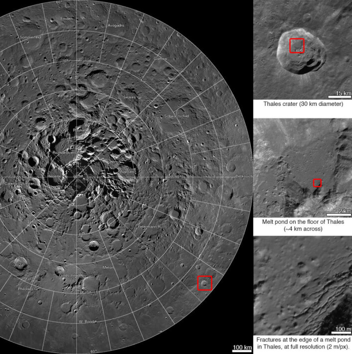 Her ser vi Thales-krateret i tre forskjellige zoomnivåer. (Foto: NASA, GSFC, Arizona State University) Her ser vi Thales-krateret i tre forskjellige zoomnivåer. (Foto: NASA, GSFC, Arizona State University)