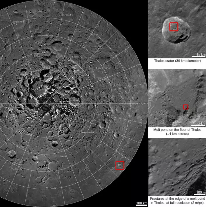 Her ser vi Thales-krateret i tre forskjellige zoomnivåer. (Foto: NASA, GSFC, Arizona State University)