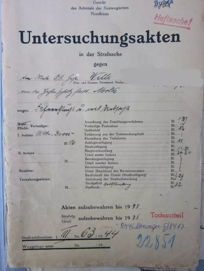 Dokumentoversikt i en sak fra de tyske militære domstolene i Norge.